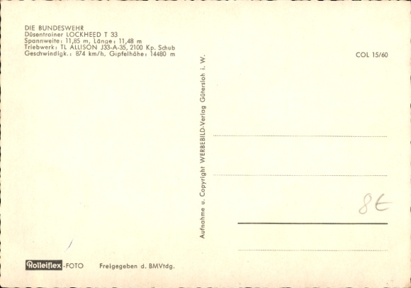 Postcard German Bundeswehr, jet trainer Lockheed T 33, AB-819