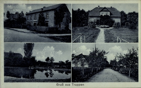 Ansichtkaart troepen Königswartha in Oberlausitz, vier uitzichten, huisje, vijver, pad, wolken, groet...