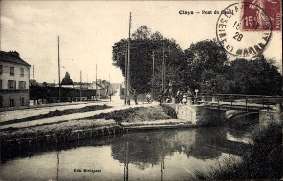 Ak Claye Seine et Marne, brug over een rivier, straatbeeld, bomen, 1928, uitzicht