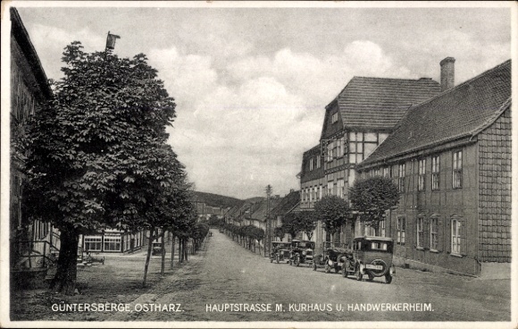 Ak Güntersberge Harzgerode am Harz, Straße mit Bäumen, Hauptstraße, Kurhaus, Handwerkerheim, alte