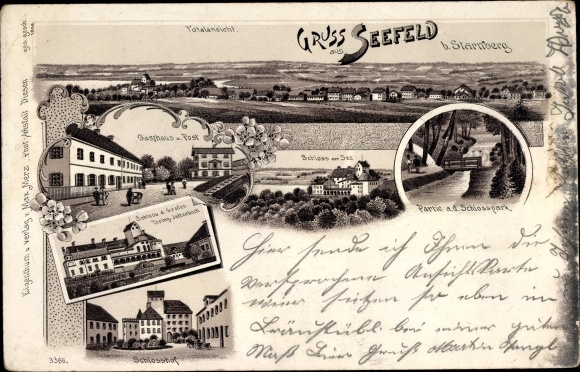Chromo-Litho Seefeld in Upper Bavaria, Schloss am See, Inn zur Post, general view