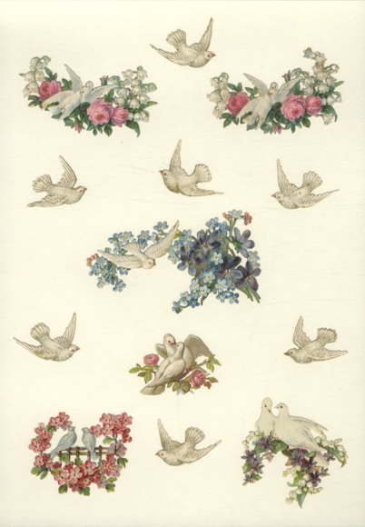 13 wafers white doves with roses, forget-me-nots and lily of the valley flowers, approx. 6 x 10 and 2.5 x 4 cm