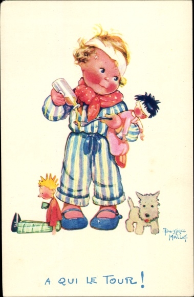 Artist Postcard Mallet, Beatrice, A qui le tour, child with dolls, dog
