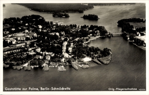 Postcard Berlin Köpenick Schmöckwitz, Restaurant zur Palme, aerial photo