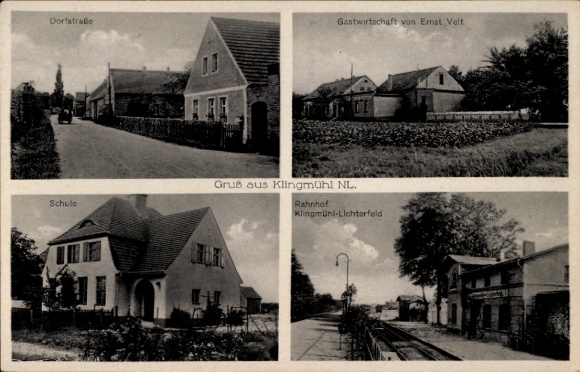 Ak Klingmühl Sallgast Niederlausitz, Dorfstraße, Gastwirtschaft von Ernst Velt, Schule, Bahnhof