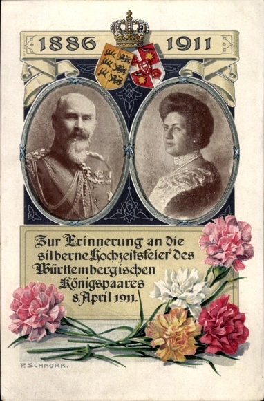 Artist Postcard Schnorr, King Wilhelm II of Württemberg, Queen Charlotte, silver wedding 1911, coat of arms