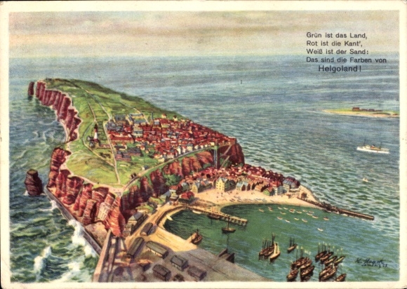 Artist Postcard North Sea island Heligoland, poem, length 1600 m, width 600 m