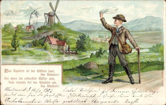 Chromo-Litho Wanderer says goodbye, house, windmill