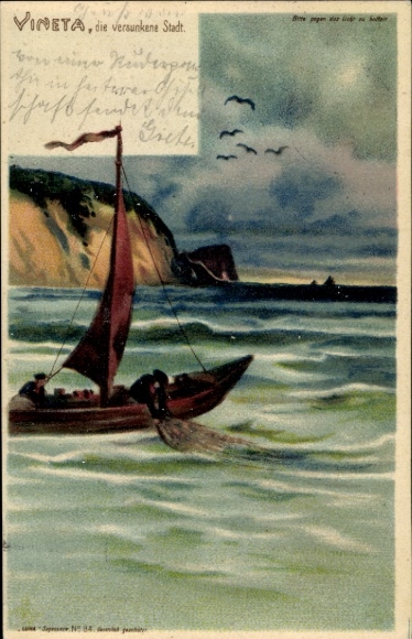 Hold against the light Chromo-Litho Vineta, the sunken city in the Baltic Sea, fishing boat