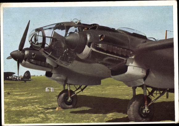 Postcard Heinkel He 111 on a field airfield, detail, Luftwaffe, WWII