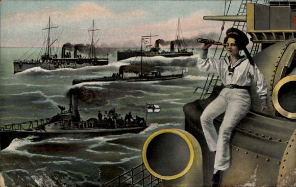 Ak Deutsche Kriegsschiffe, Frau in Matrosenuniform, Fernrohr, Kaiserliche Marine