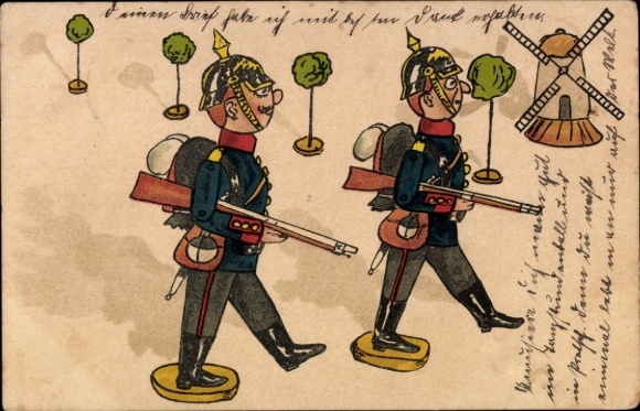 Ak Patrouille, Duitse soldaten, uniformen, windmolen