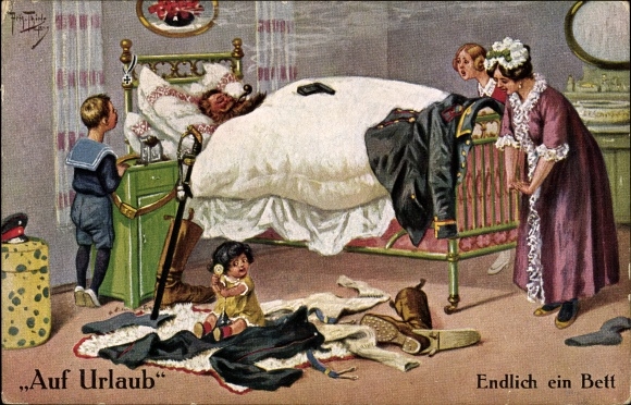 Artist Postcard Thiele, Arthur, on vacation, finally a bed, soldier, family