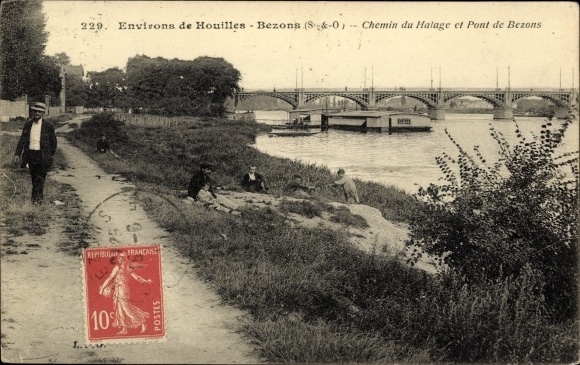 Postcard Bezons Val d&#39;Oise, Towpath and Bridge