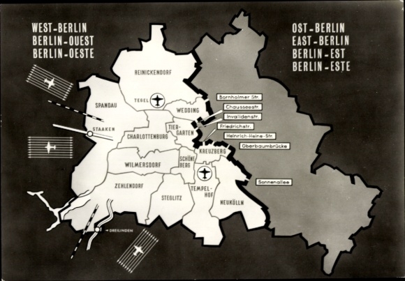 Stadtplan Ak Berlin, Übersichtskarte mit Trennmauer, Übergangsstellen, Innerdeutsche Grenze