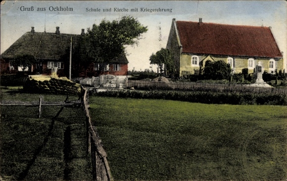 Ak Ockholm in Nordfriesland, Schule, Kirche, Kriegerehrung, Landschaft