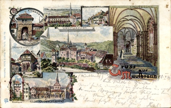 Chromo-Litho Maulbronn in the Black Forest, monastery, monastery courtyard, cloister, fountain chapel