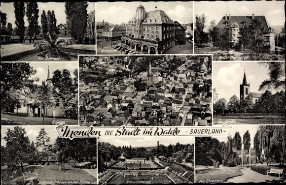 Ak Menden im Sauerland, bij het treinstation, gemeentehuis, Ev. Kerk, gedenkteken, zwembad, kapel