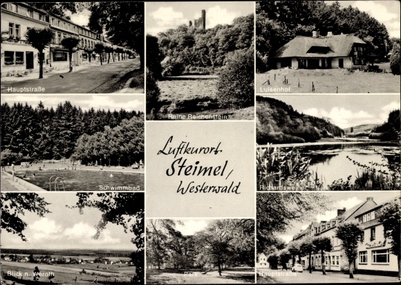Postcard Steimel in the Westerwald, main street, Luisenhof, swimming pool, park, Reichenstein ruins