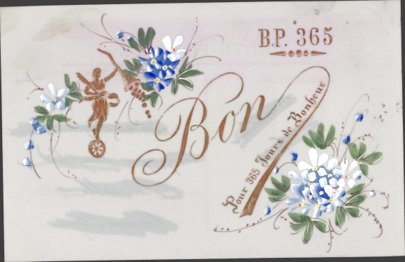 Celluloid PC congratulations birthday, bouquet of flowers, cornucopia with coins