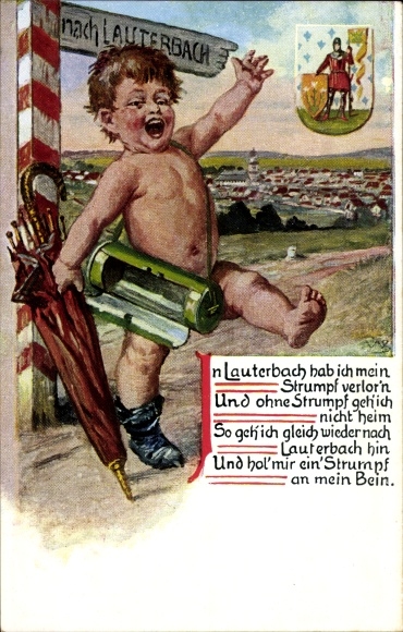 Coat of arms artist Postcard Lauterbach in Hesse, child with lost stocking, signpost