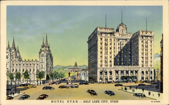 Ak Salt Lake City Utah USA, Hotel Utah, Mormoonse Tempel, Parkeren, Architectuur
