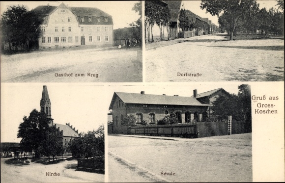 KP Großkoschen Senftenberg Niederlausitz, Dorfstrasse, Gasthof zum Krug, szkoła, kościół