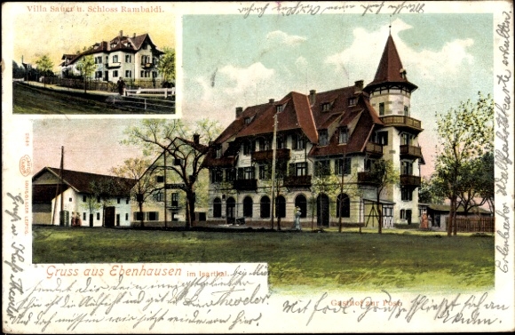 Postcard Ebenhausen Schäftlarn, Gasthof zur Post, Villa Sauer, Rambaldi Castle