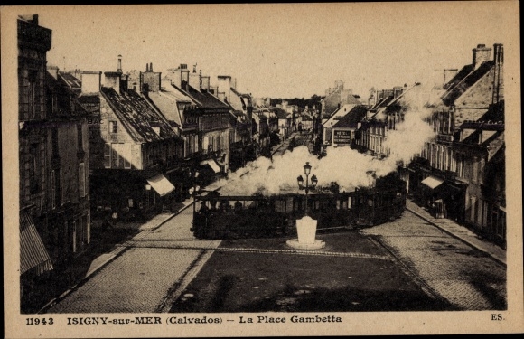 Ak Isigny sur Mer Calvados, La Place Gambetta, Straßenbahn