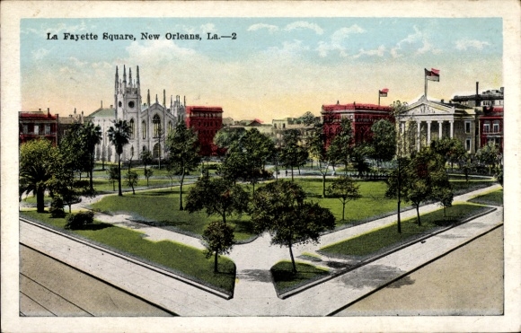 Ak New Orleans Louisiana USA, La Fayette Square, Stadtansicht, Bäume,  Gebäude, Flaggen