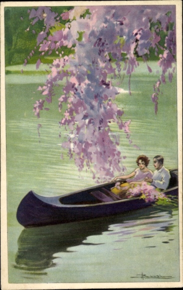 Artist Postcard Busi, Adolfo, Lovers in a canoe