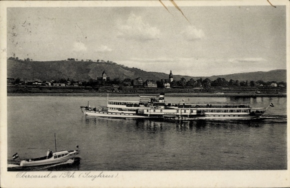 Ak Angermund Düsseldorf am Rhein, Schiff auf dem Rhein, Landschaft im Hintergrund, nmotiv