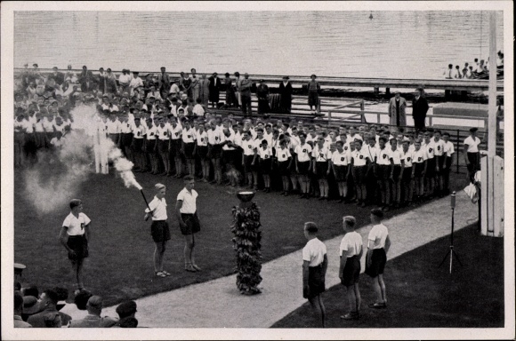 Sammelbild Olympia 1936, Fackelstaffel in Grunau am Kampfplatz der Ruderer