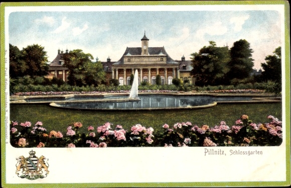 Ak Dresden Pillnitz, kasteeltuin, fontein, bloemperken, s-gebouw