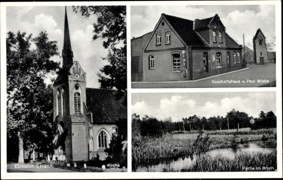Postcard Eickeloh in Lower Saxony, church, commercial building, lot in the break