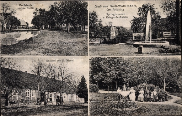 Postcard Großwoltersdorf in Brandenburg, fountain, war memorial stone, inn, village street