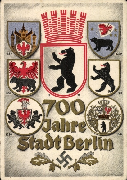 Coat of arms Postcard Berlin, 700th anniversary, city coat of arms since 1253 to 1937, Berlin bear
