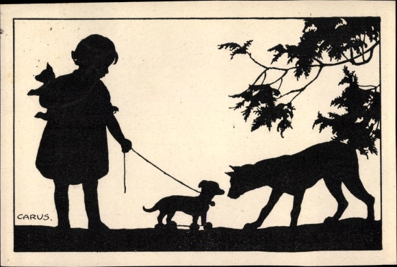 Paper cut Postcard Carus, girl with toy dachshund, dog
