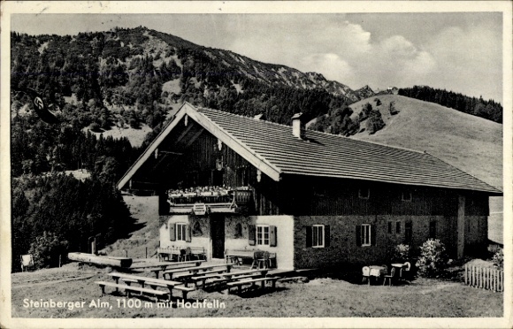 Postcard Ruhpolding in Upper Bavaria, Steinberger Alm, 1100 m, wooden house, mountains, terrace, view