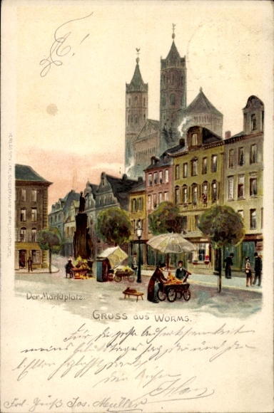 Postcard Worms am Rhein, market square, architecture, people, market stalls, poster