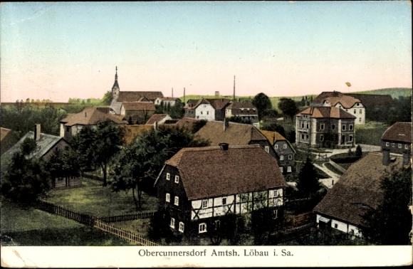 Postcard Obercunnersdorf Klingenberg in the Eastern Ore Mountains, picture of a landscape, houses, church, trees