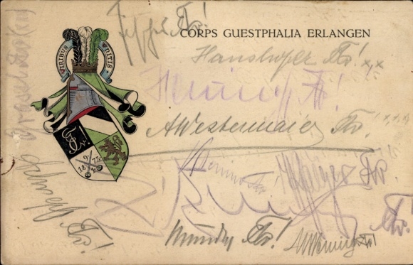 Studentika Postcard Erlangen, Corps Guestphalia, Coat of Arms, RSC
