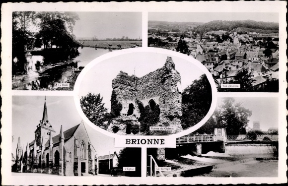 Postcard Brionne Eure, Risle, General view, Ruins of the Castle, Church, Dam