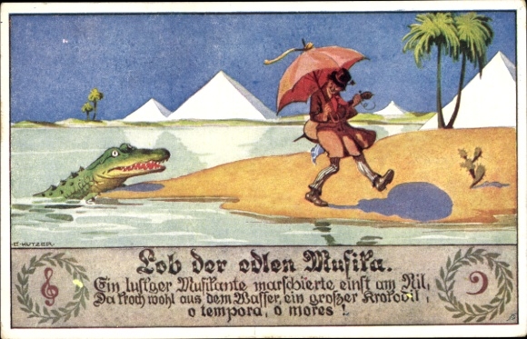 Artist Postcard Kutzer, Ernst, praise of noble music, crocodile, Nile, pyramids, Egypt, Novitas 20725