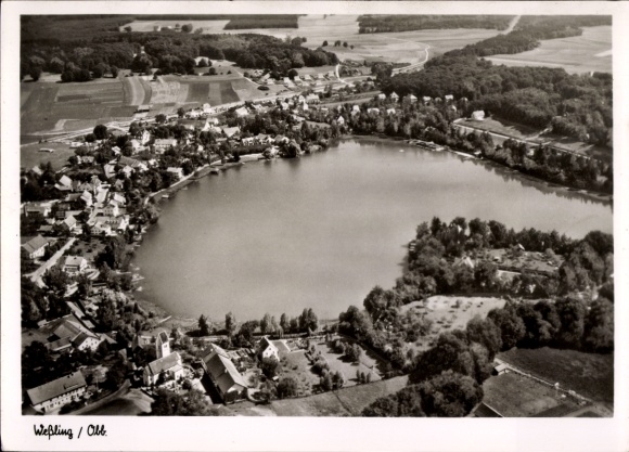 Postcard Wessling Weßling Upper Bavaria, aerial view of a lake surrounded by fields and forests, quiet
