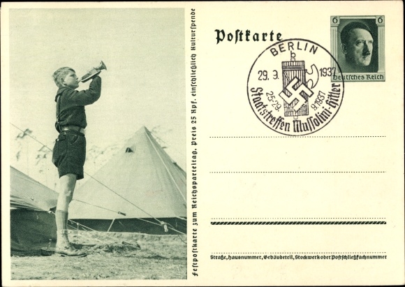 Postal stationery PC HJ Pimpf blows the roll call, tent camp, Nazi party rally 1937