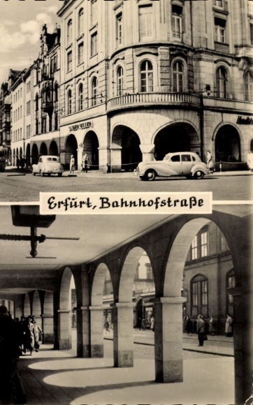 Postcard Erfurt in Thuringia, Bahnhofstraße, WILEY, buildings, cars, pedestrians