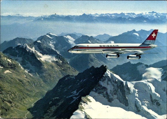 Postcard Swissair Coronado passenger plane, over the Swiss Alps, Valais