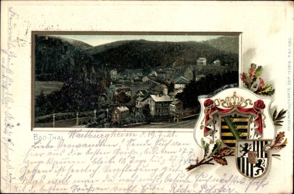 Embossed Coat of Arms Chromo-Litho Bad Thal Ruhla in Thuringia, view of the town