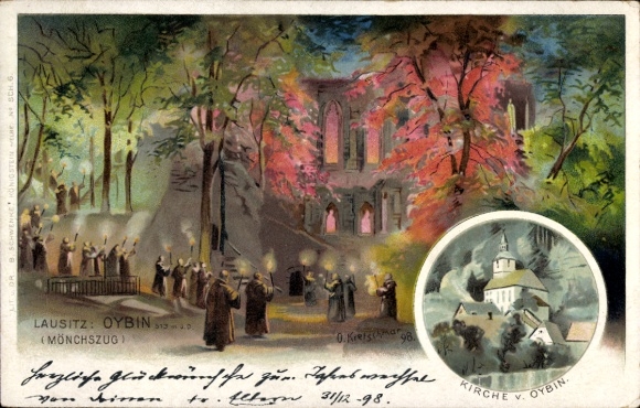 Litho Oybin in der Oberlausitz, Mönchszug, Kirche
